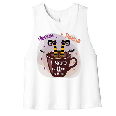 Hocus Pocus I Need Coffee To Focus Funny Halloween Costume Women's Racerback Cropped Tank