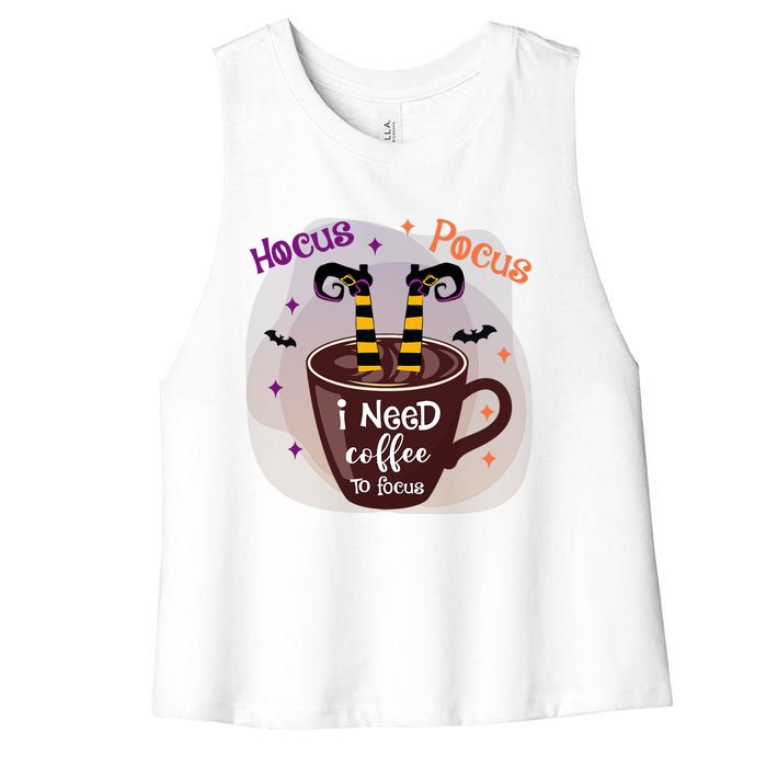 Hocus Pocus I Need Coffee To Focus Funny Halloween Costume Women's Racerback Cropped Tank