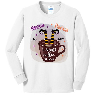 Hocus Pocus I Need Coffee To Focus Funny Halloween Costume Kids Long Sleeve Shirt