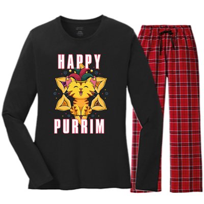 Happy Purrim Jewish Holiday Purim Women's Long Sleeve Flannel Pajama Set 