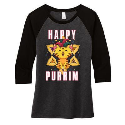 Happy Purrim Jewish Holiday Purim Women's Tri-Blend 3/4-Sleeve Raglan Shirt