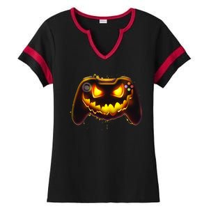 Halloween Pumpkin Jack O Lantern Face Video Game Controller Ladies Halftime Notch Neck Tee