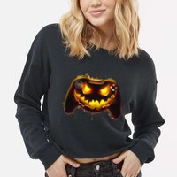 Halloween Pumpkin Jack O Lantern Face Video Game Controller Cropped Pullover Crew