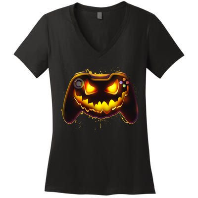 Halloween Pumpkin Jack O Lantern Face Video Game Controller Women's V-Neck T-Shirt