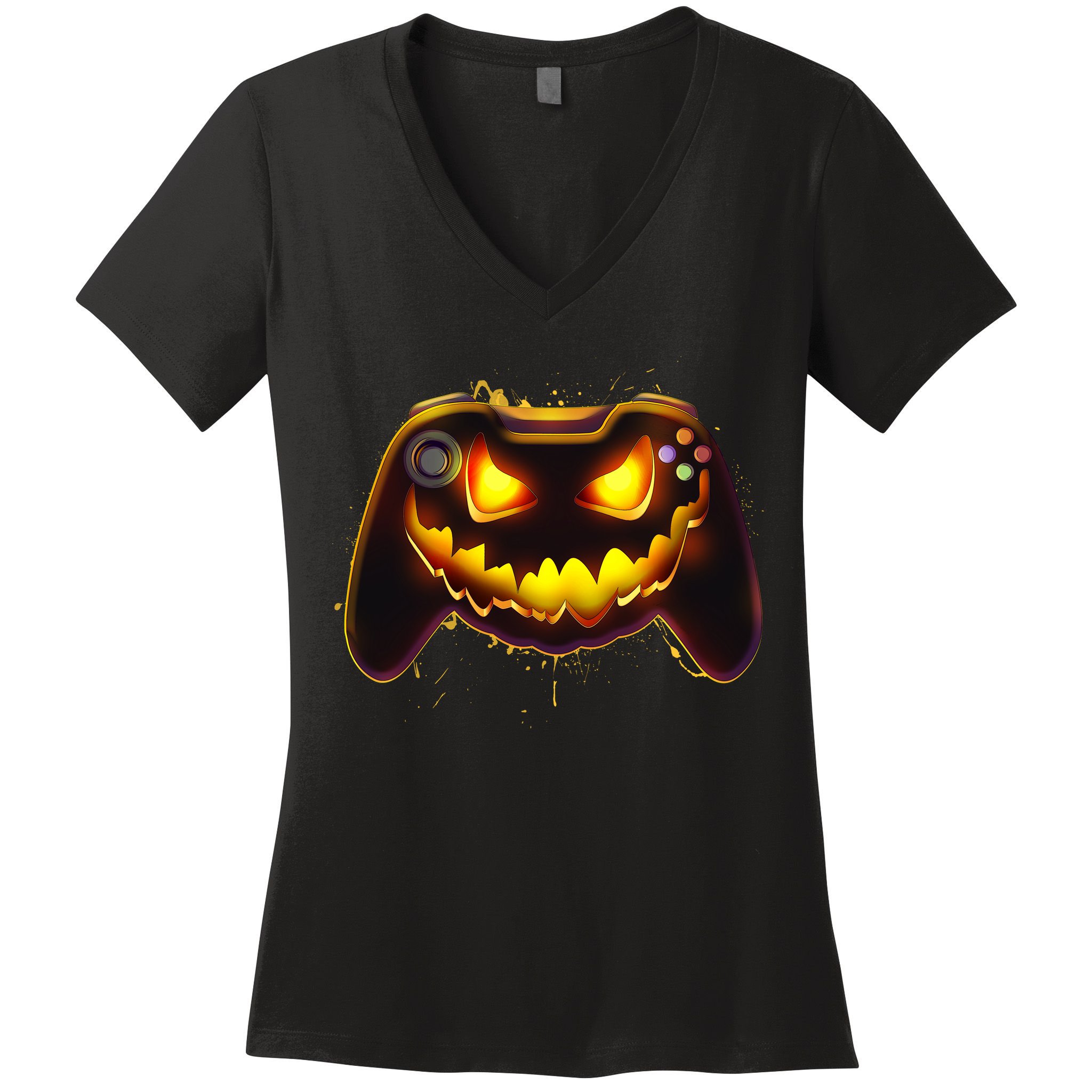 Halloween Pumpkin Jack O Lantern Face Video Game Controller Women's V-Neck T-Shirt