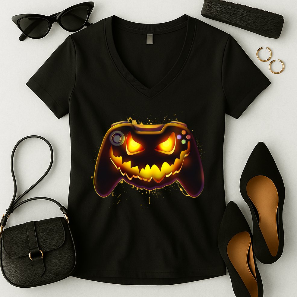 Halloween Pumpkin Jack O Lantern Face Video Game Controller Women's V-Neck T-Shirt