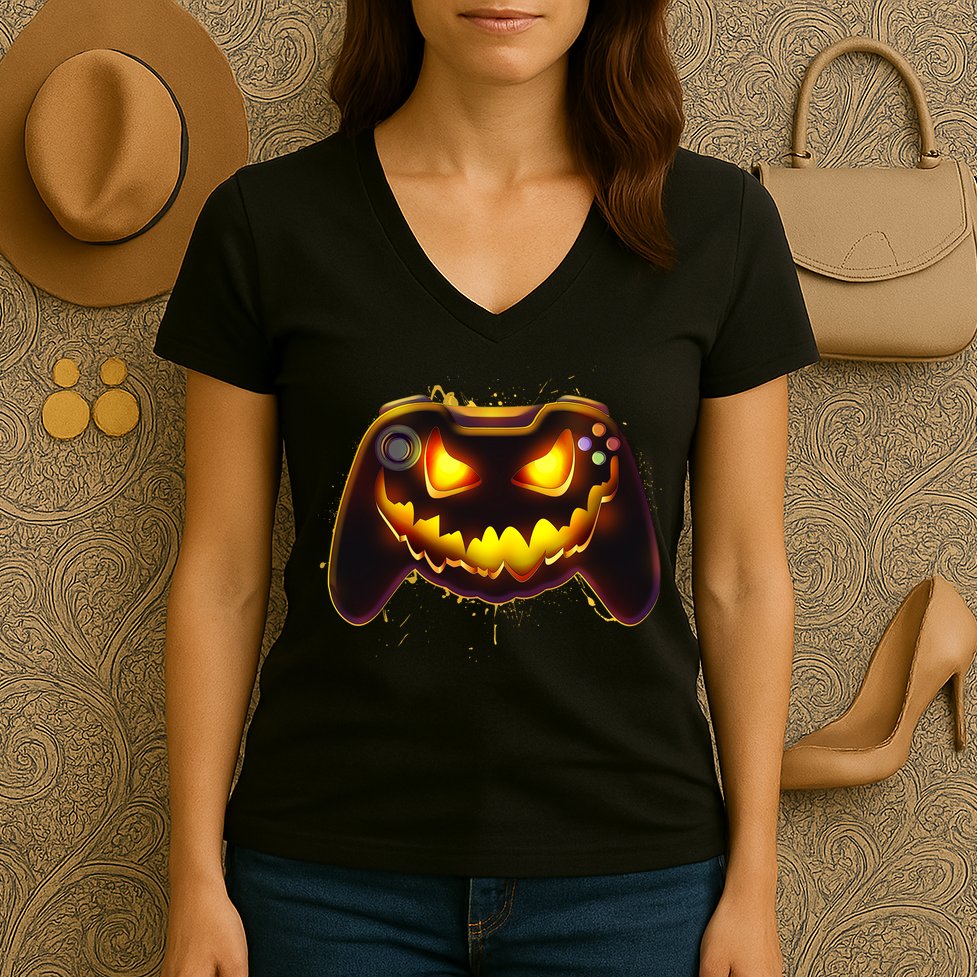 Halloween Pumpkin Jack O Lantern Face Video Game Controller Women's V-Neck T-Shirt