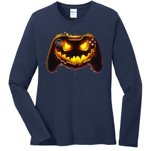 Halloween Pumpkin Jack O Lantern Face Video Game Controller Ladies Long Sleeve Shirt