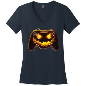 Halloween Pumpkin Jack O Lantern Face Video Game Controller Women's V-Neck T-Shirt