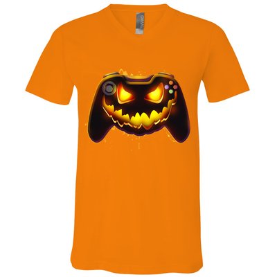 Halloween Pumpkin Jack O Lantern Face Video Game Controller V-Neck T-Shirt