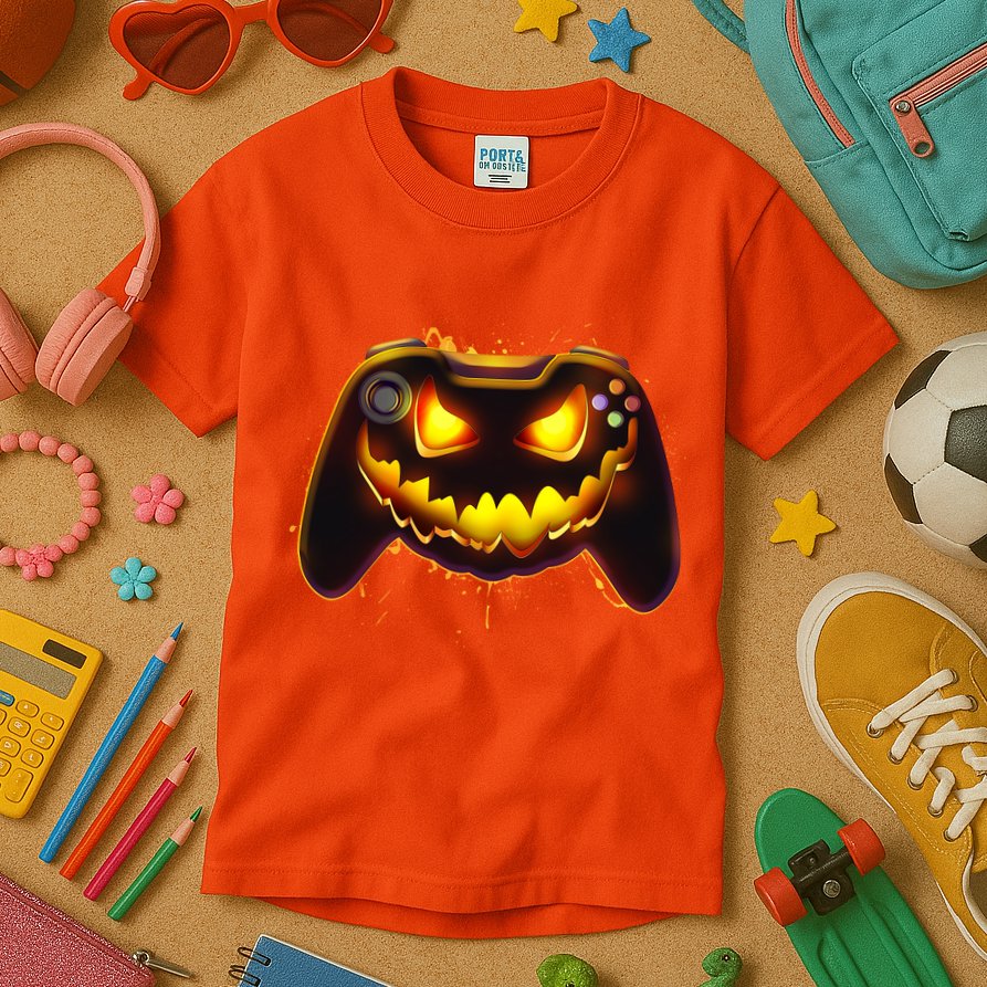 Halloween Pumpkin Jack O Lantern Face Video Game Controller Kids T-Shirt