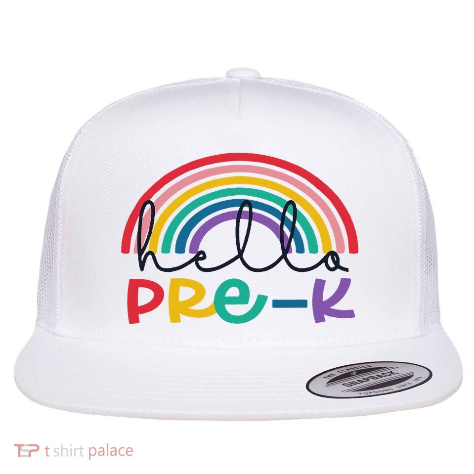 Hello Pre K Rainbow Back To School Teacher Student Flat Bill Trucker Hat