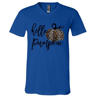 Hello Pumpkin Leopard Thanksgiving Halloween Fall Meaningful Gift V-Neck T-Shirt