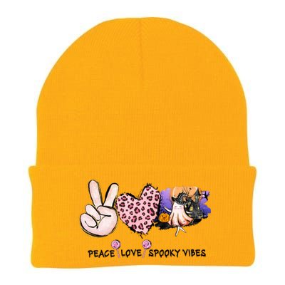 Halloween Peace Love Spooky Vibes Ghost Groovy Vintage Retro Knit Cap Winter Beanie