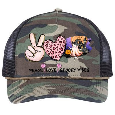 Halloween Peace Love Spooky Vibes Ghost Groovy Vintage Retro Retro Rope Trucker Hat Cap