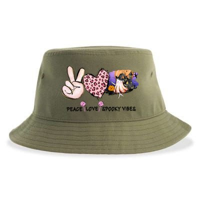 Halloween Peace Love Spooky Vibes Ghost Groovy Vintage Retro Sustainable Bucket Hat