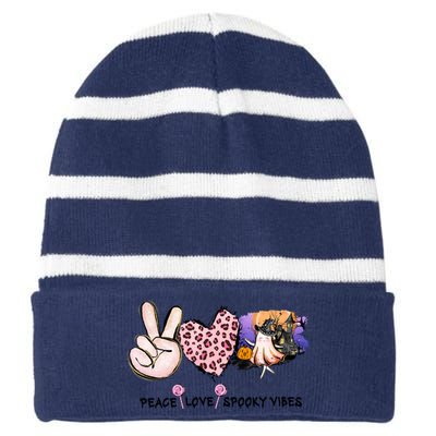 Halloween Peace Love Spooky Vibes Ghost Groovy Vintage Retro Striped Beanie with Solid Band