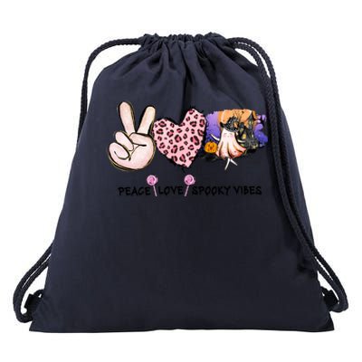 Halloween Peace Love Spooky Vibes Ghost Groovy Vintage Retro Drawstring Bag