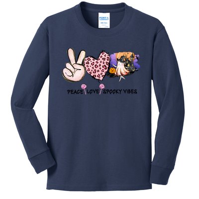 Halloween Peace Love Spooky Vibes Ghost Groovy Vintage Retro Kids Long Sleeve Shirt