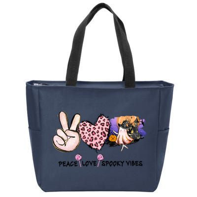 Halloween Peace Love Spooky Vibes Ghost Groovy Vintage Retro Zip Tote Bag