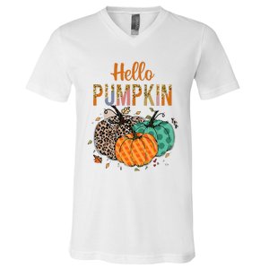 Hello Pumpkin Leopard Print For Fall Thanksgiving V-Neck T-Shirt