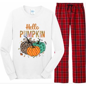 Hello Pumpkin Leopard Print For Fall Thanksgiving Long Sleeve Pajama Set