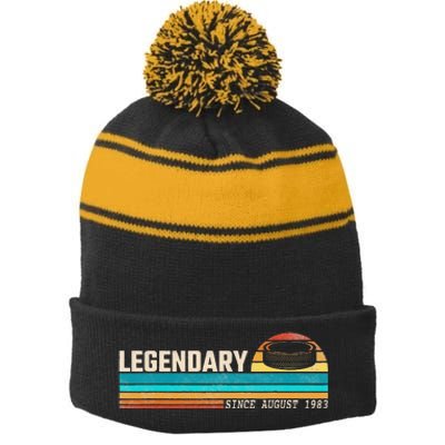 Hockey Player Legend Since August 1983 Birthday Stripe Pom Pom Beanie