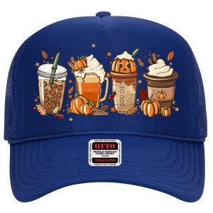 Halloween Pumpkin Latte Cup Fall Coffee Pumpkin Spice Cool Gift High Crown Mesh Back Trucker Hat