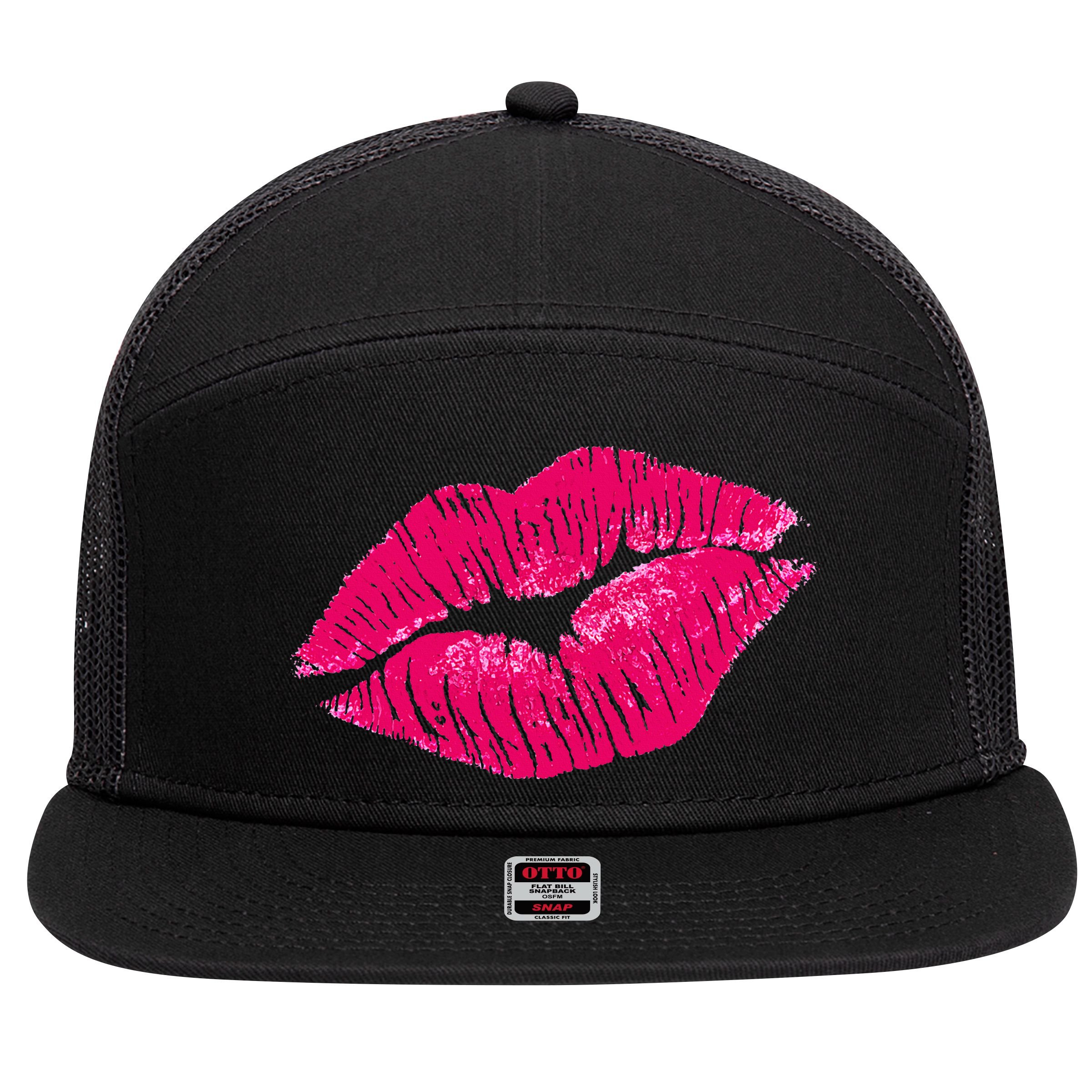 Hot Pink Lips Neon 80s Lipstick Party 7 Panel Mesh Trucker Snapback Hat