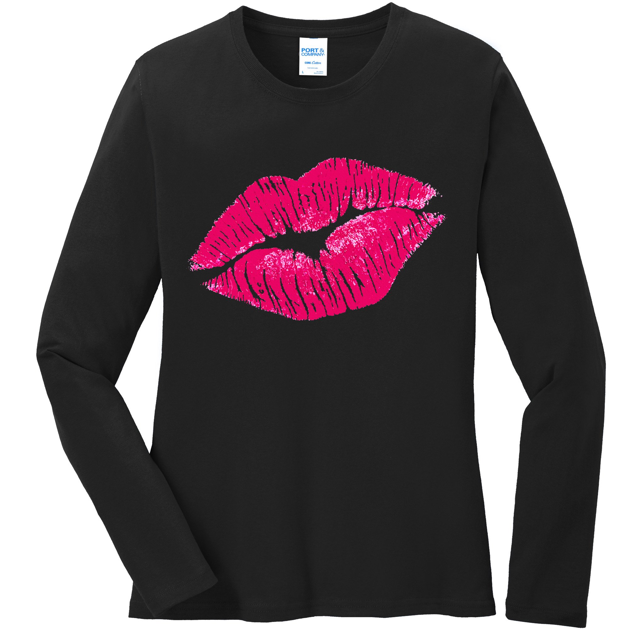 Hot Pink Lips Neon 80s Lipstick Party Ladies Long Sleeve Shirt
