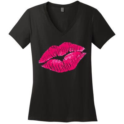 Hot Pink Lips Neon 80s Lipstick Party Women's V-Neck T-Shirt