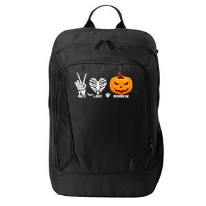 Halloween Peace Love Pumpkin Funny Skeleton Hand And Heart Cute Gift City Backpack