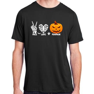 Halloween Peace Love Pumpkin Funny Skeleton Hand And Heart Cute Gift Adult ChromaSoft Performance T-Shirt