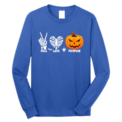 Halloween Peace Love Pumpkin Funny Skeleton Hand And Heart Cute Gift Long Sleeve Shirt