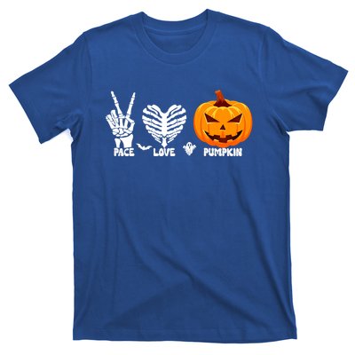 Halloween Peace Love Pumpkin Funny Skeleton Hand And Heart Cute Gift T-Shirt