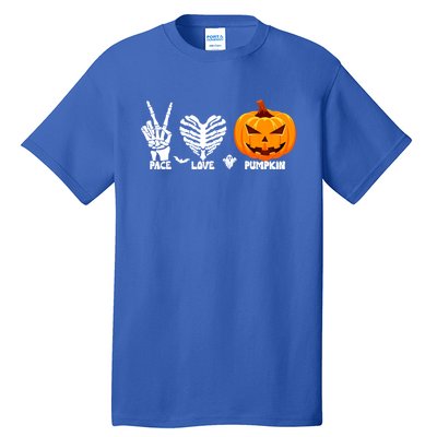 Halloween Peace Love Pumpkin Funny Skeleton Hand And Heart Cute Gift Tall T-Shirt