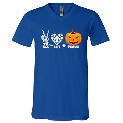 Halloween Peace Love Pumpkin Funny Skeleton Hand And Heart Cute Gift V-Neck T-Shirt