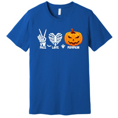 Halloween Peace Love Pumpkin Funny Skeleton Hand And Heart Cute Gift Premium T-Shirt