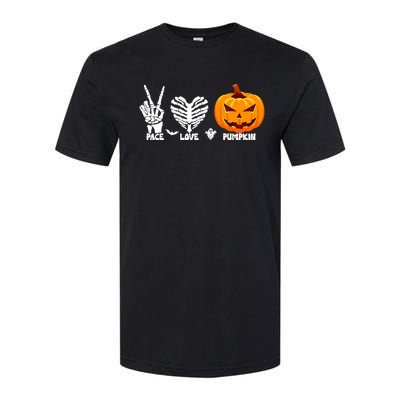 Halloween Peace Love Pumpkin Funny Skeleton Hand And Heart Cute Gift Softstyle® CVC T-Shirt