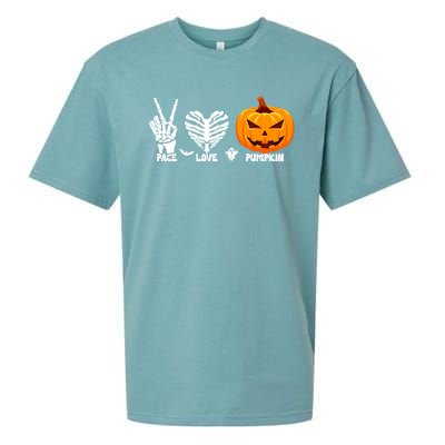 Halloween Peace Love Pumpkin Funny Skeleton Hand And Heart Cute Gift Sueded Cloud Jersey T-Shirt