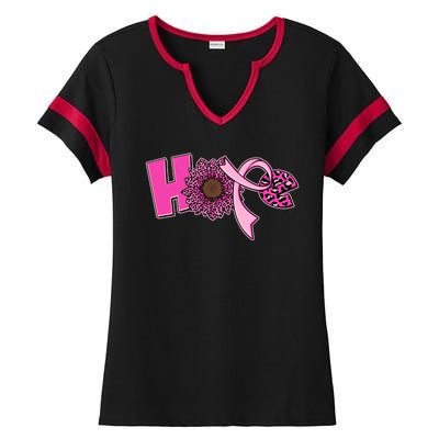 Hope Pink Leopard Print Sunflower Breast Cancer Awareness Ladies Halftime Notch Neck Tee