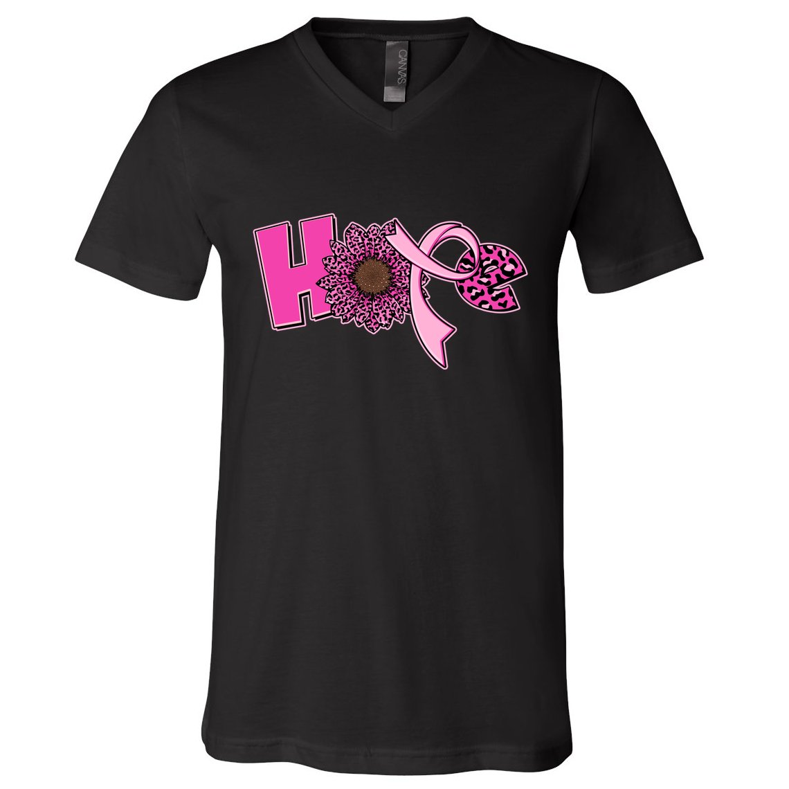Hope Pink Leopard Print Sunflower Breast Cancer Awareness V-Neck T-Shirt