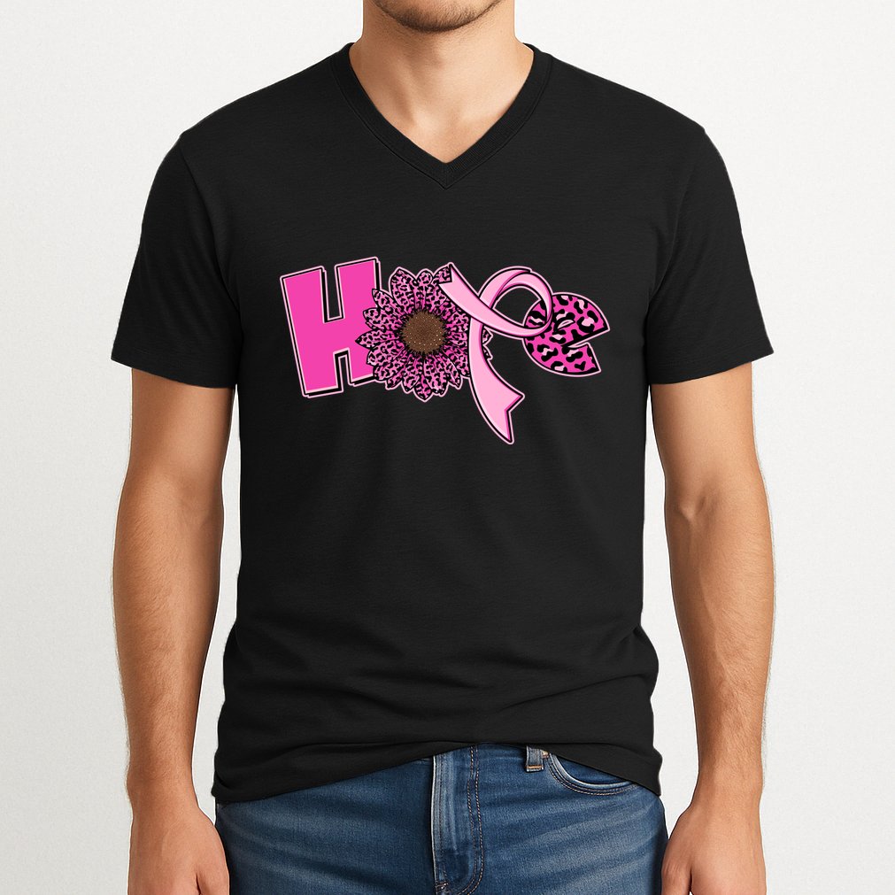 Hope Pink Leopard Print Sunflower Breast Cancer Awareness V-Neck T-Shirt