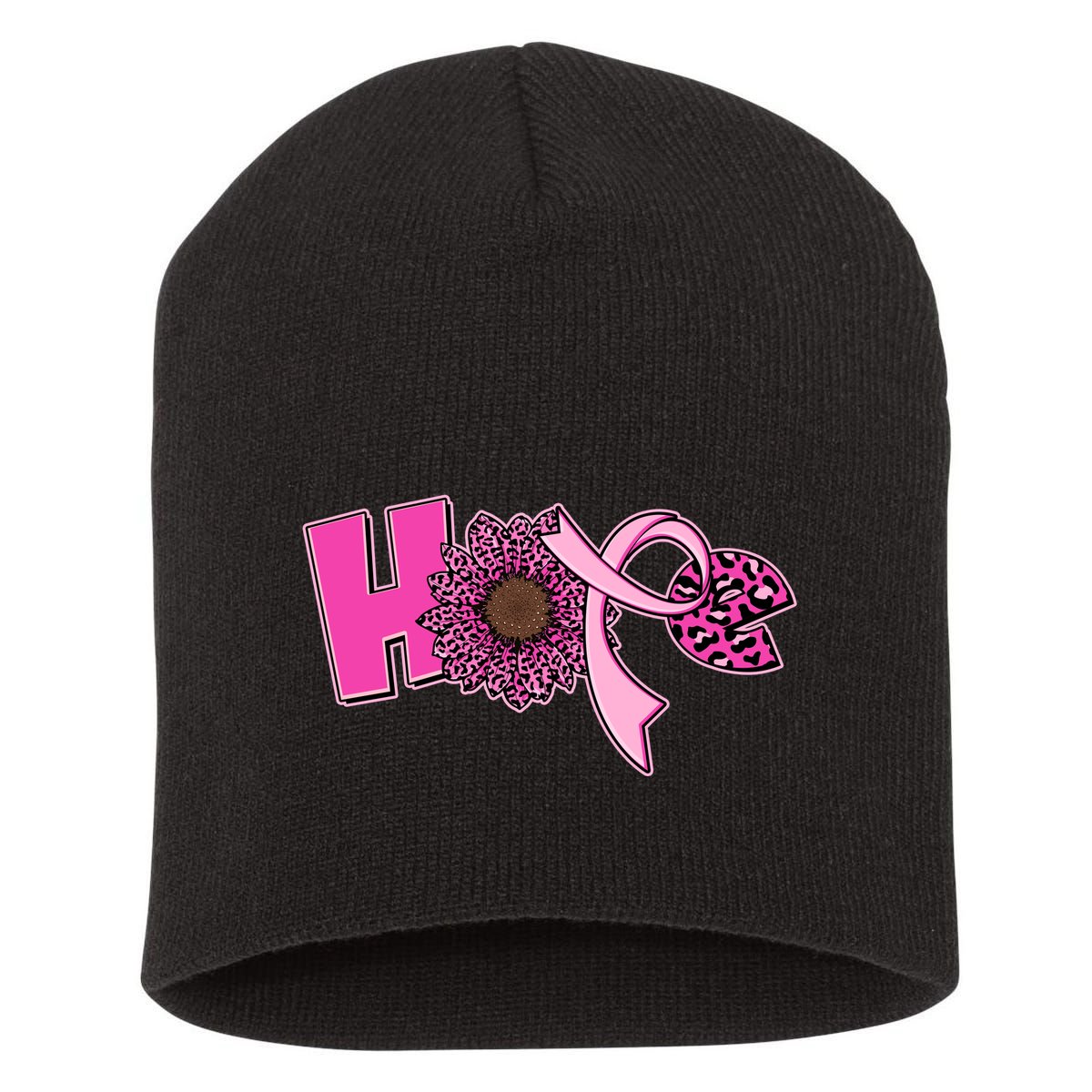 Hope Pink Leopard Print Sunflower Breast Cancer Awareness Short Acrylic Beanie