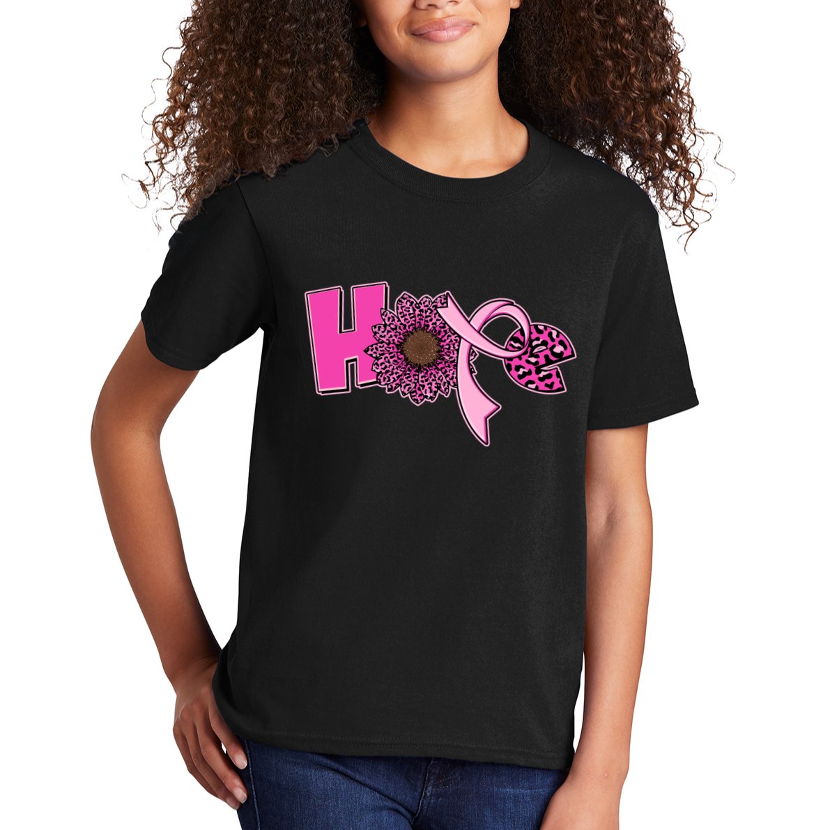 Hope Pink Leopard Print Sunflower Breast Cancer Awareness Kids T-Shirt
