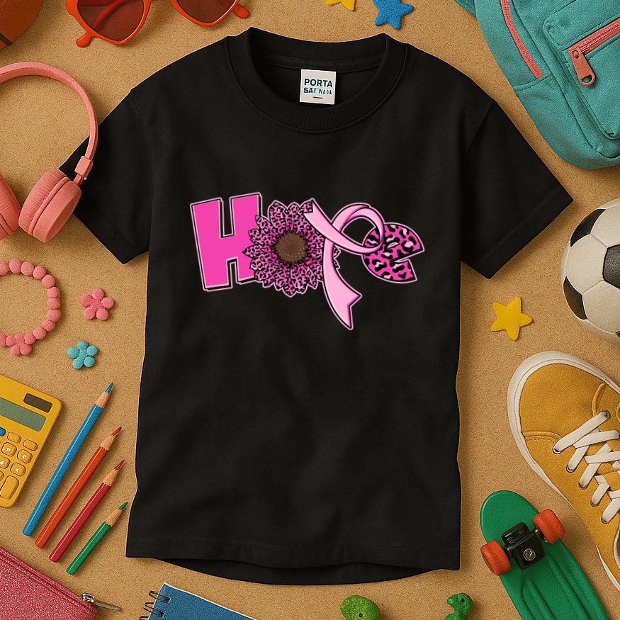 Hope Pink Leopard Print Sunflower Breast Cancer Awareness Kids T-Shirt