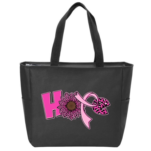 Hope Pink Leopard Print Sunflower Breast Cancer Awareness Zip Tote Bag