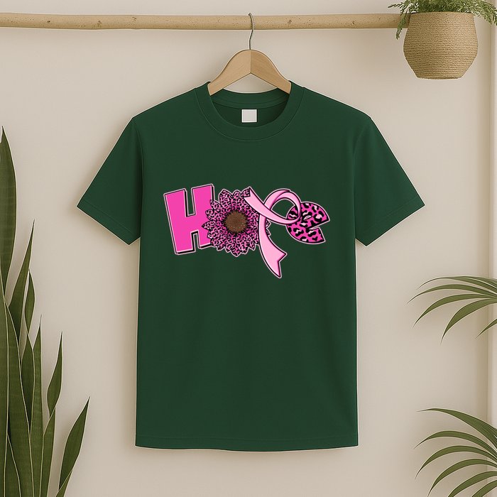 Hope Pink Leopard Print Sunflower Breast Cancer Awareness T-Shirt