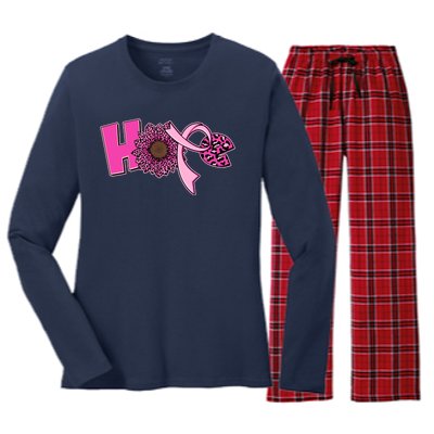 Hope Pink Leopard Print Sunflower Breast Cancer Awareness Women's Long Sleeve Flannel Pajama Set 