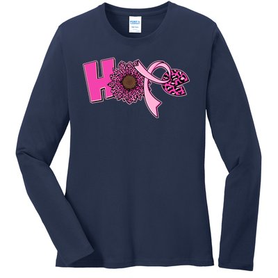 Hope Pink Leopard Print Sunflower Breast Cancer Awareness Ladies Long Sleeve Shirt